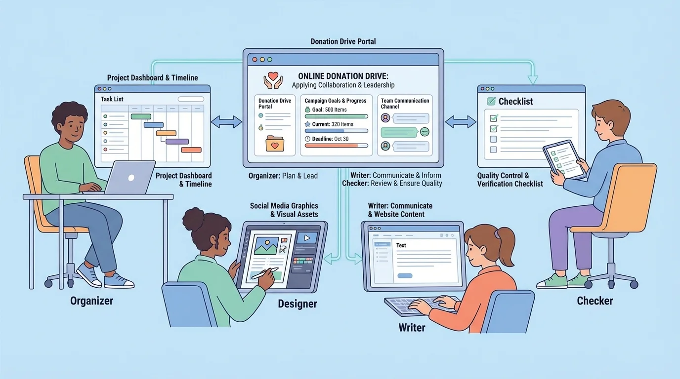 illustration of students coordinating an online donation drive with roles such as organizer, designer, writer, and checker