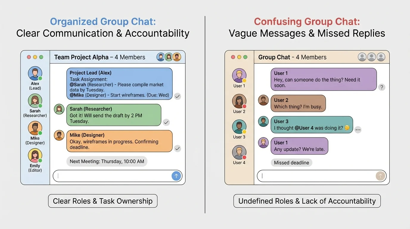 Illustration comparing an organized group chat with clear task messages and a confusing chat with vague messages and missed replies