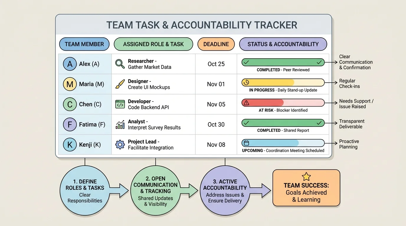 Chart of a team task tracker with columns for member, job, deadline, and status showing how accountability is monitored