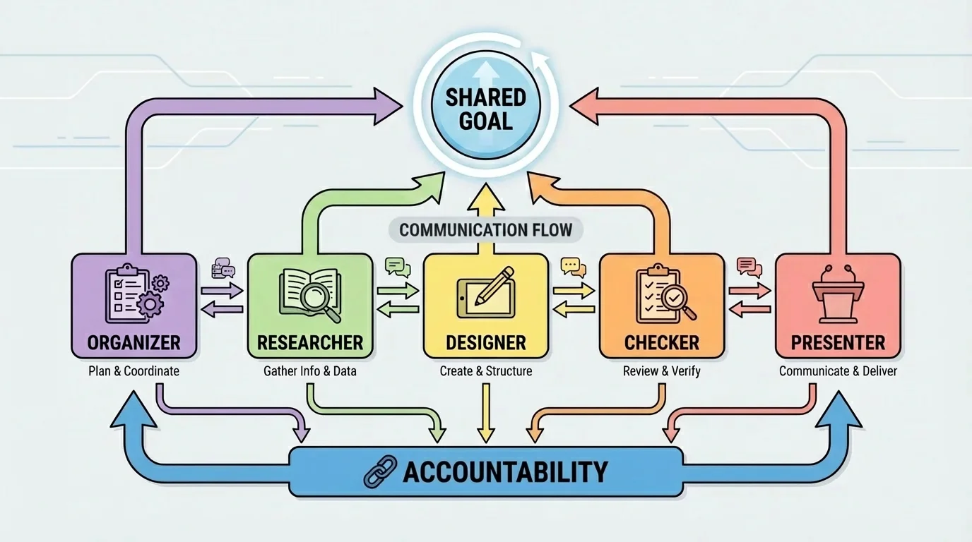 Chart showing a small team project with roles labeled organizer, researcher, designer, checker, and presenter connected to one shared goal