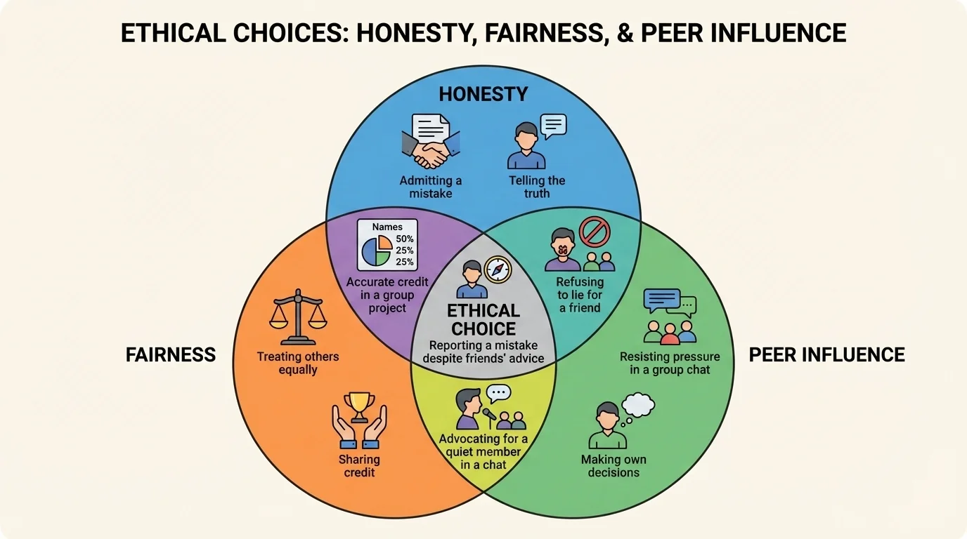 Venn-style comparison of honesty, fairness, and peer influence with simple everyday examples such as telling the truth, sharing credit, and resisting pressure in a group chat