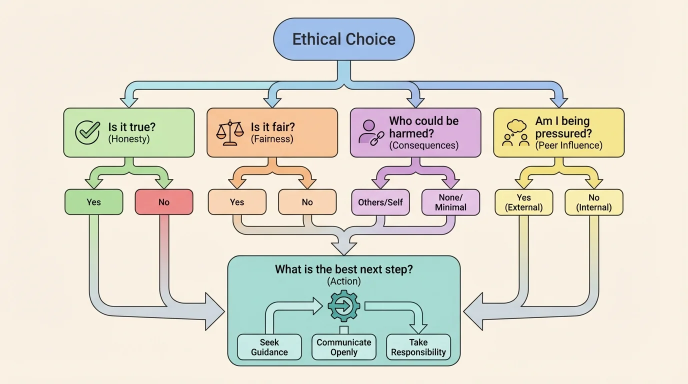 Decision flowchart for ethical choices with boxes asking Is it true, Is it fair, Who could be harmed, Am I being pressured, and What is the best next step