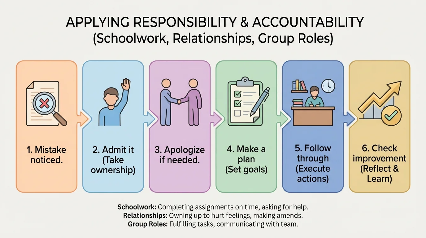 Mistake noticed, admit it, apologize if needed, make a plan, follow through, and check improvement in a simple step-by-step flowchart