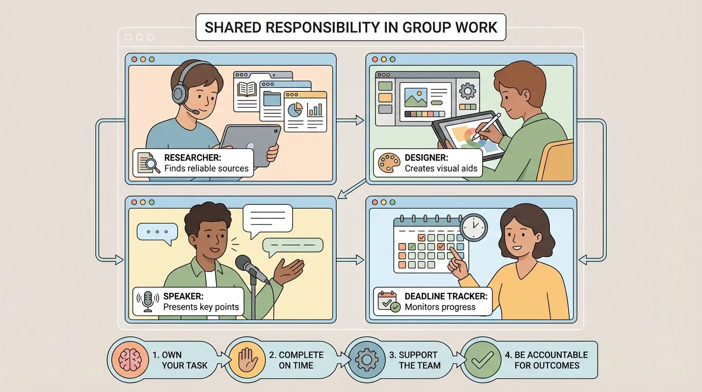 Small online group on a video call with labeled roles such as researcher, designer, speaker, and deadline tracker, each person working on a clear task