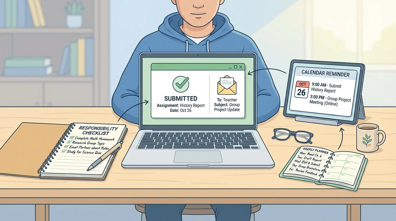 Student at home using a laptop with a checklist, calendar reminder, notebook planner, and completed assignment submission screen visible