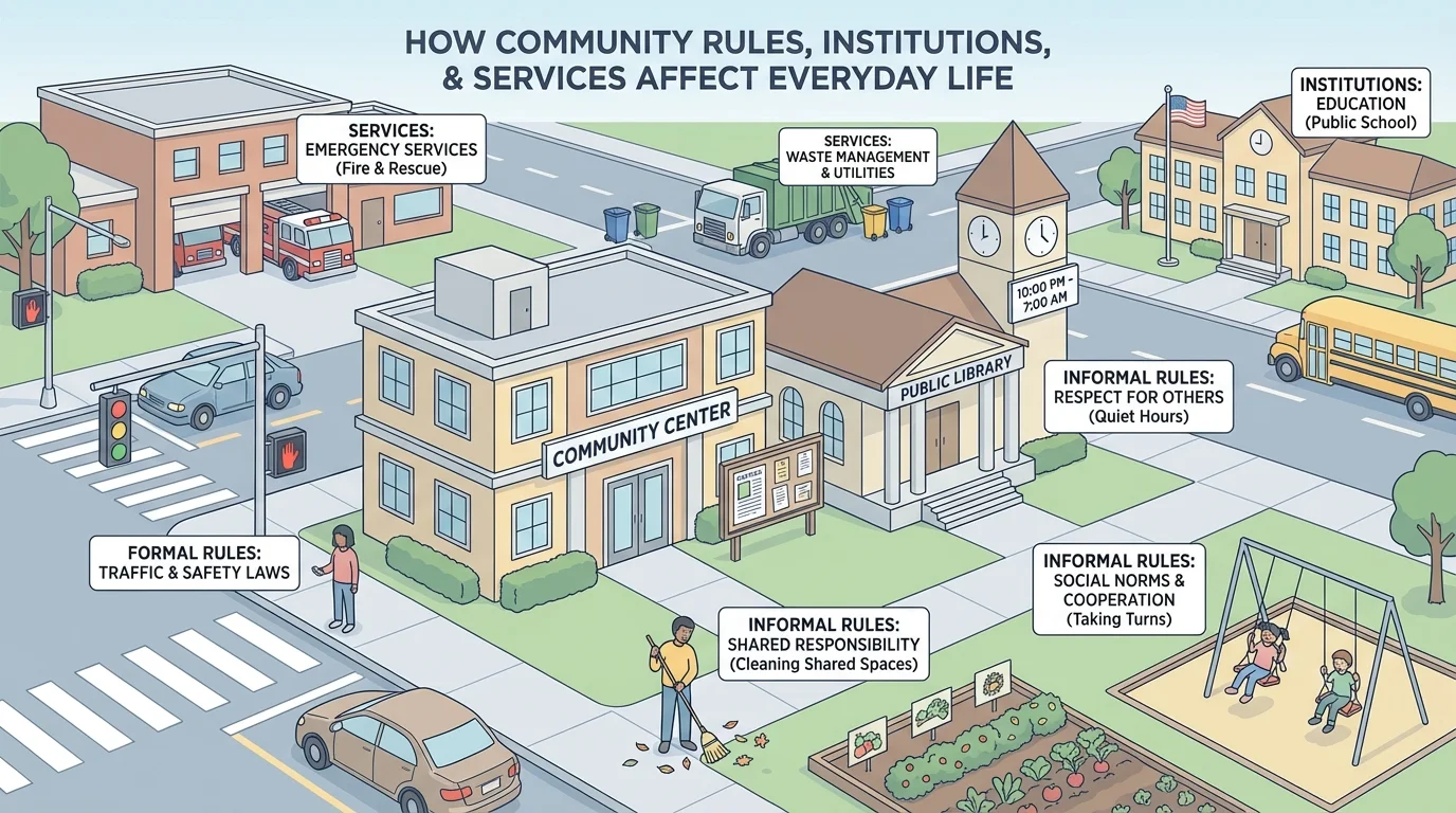 Neighborhood scene with labeled examples of formal rules like crosswalk signals and informal rules like taking turns, cleaning shared spaces, and respecting quiet hours