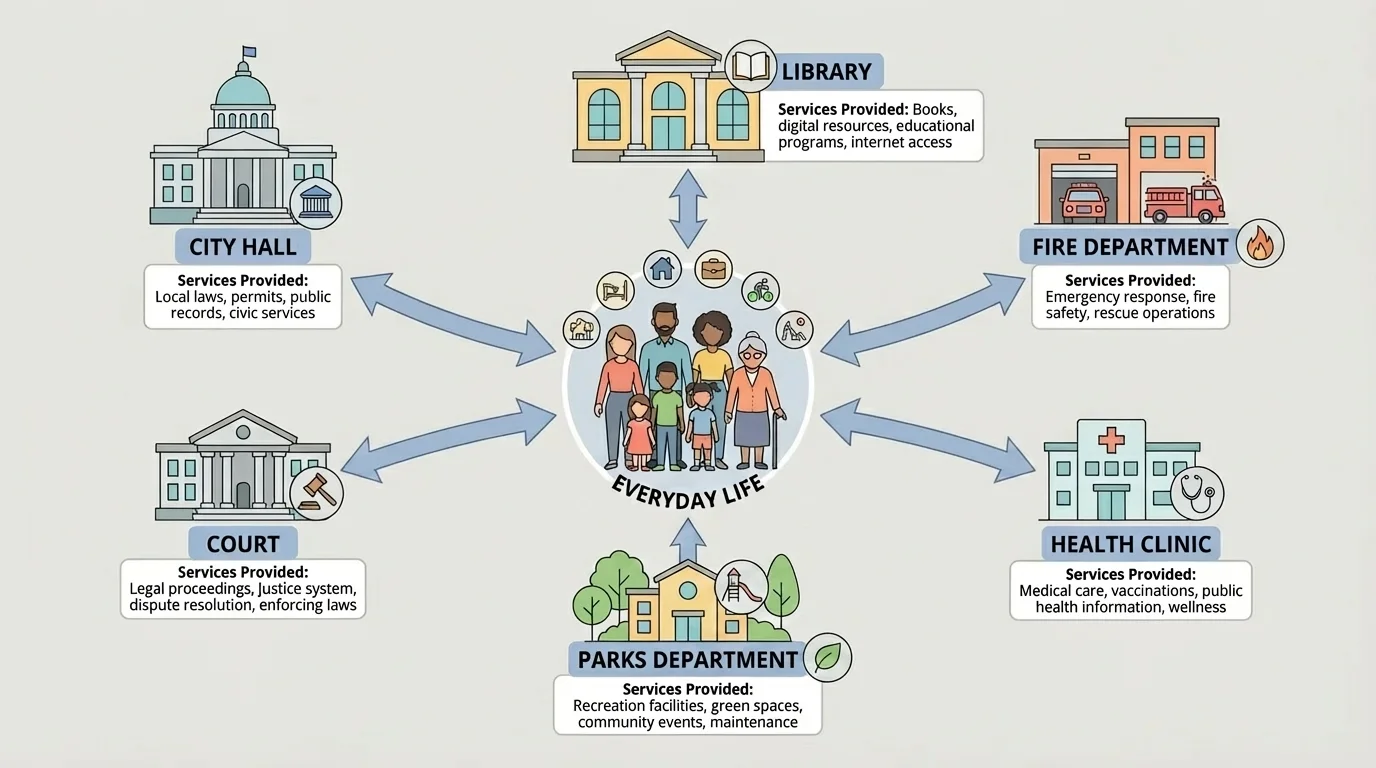 Residents connected by arrows to city hall, library, fire department, health clinic, parks department, and court, with short labels for the services each provides