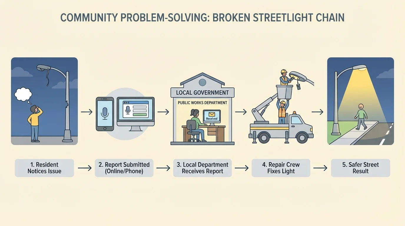 Problem-solving chain for a broken streetlight: resident notices issue, report submitted online or by phone, local department receives it, repair crew fixes light, safer street result