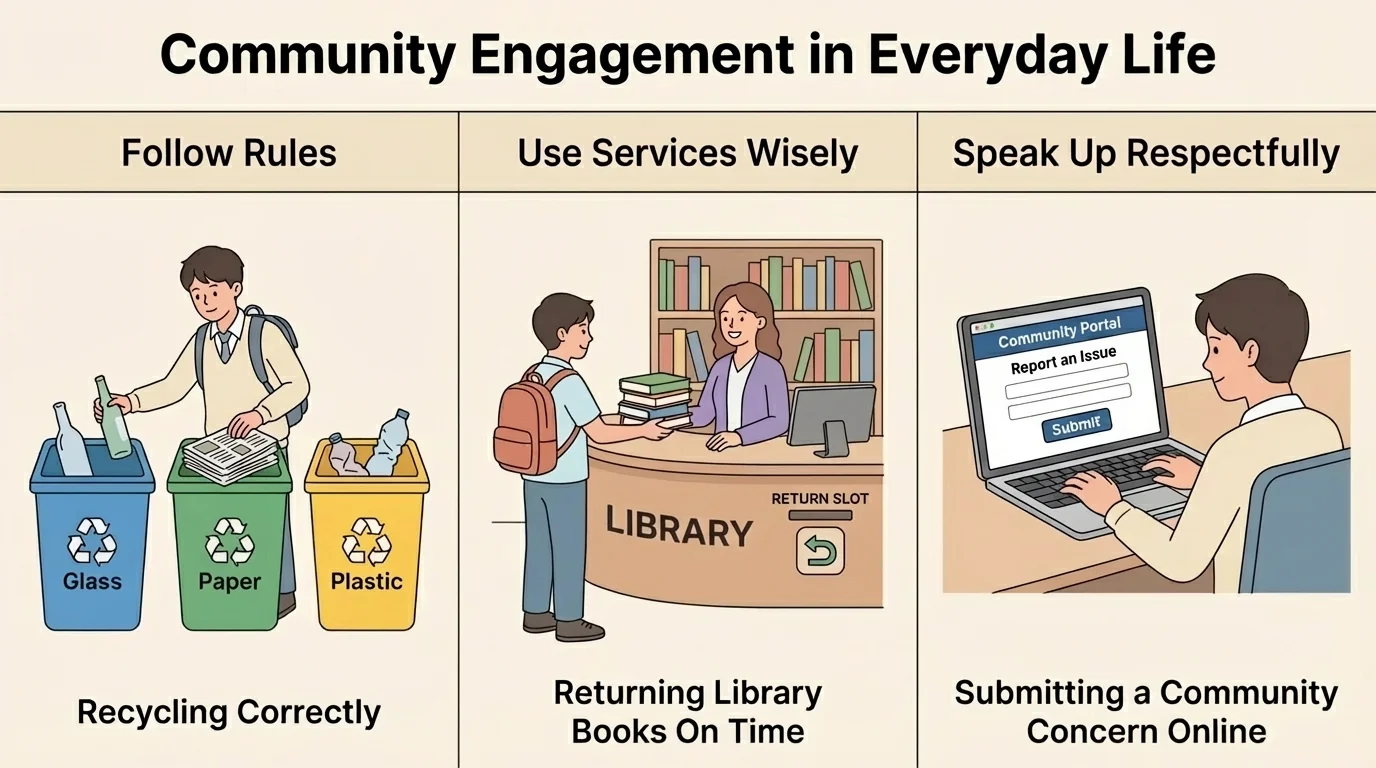 Three-column chart labeled Follow Rules, Use Services Wisely, Speak Up Respectfully, with student actions such as recycling correctly, returning library books, protecting public spaces, and submitting a community concern online