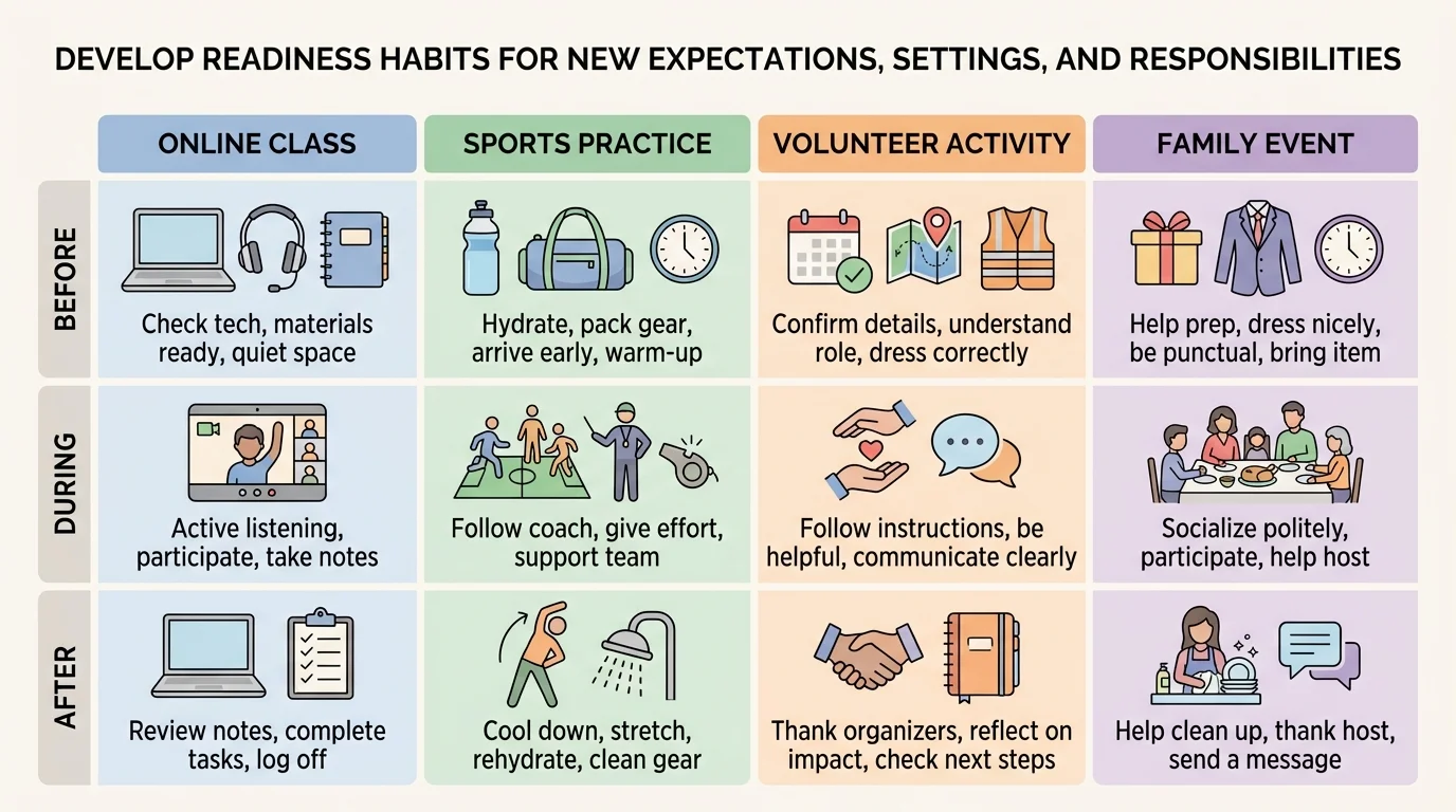four-column comparison chart for online class, sports practice, volunteer activity, and family event with rows for before, during, and after habits