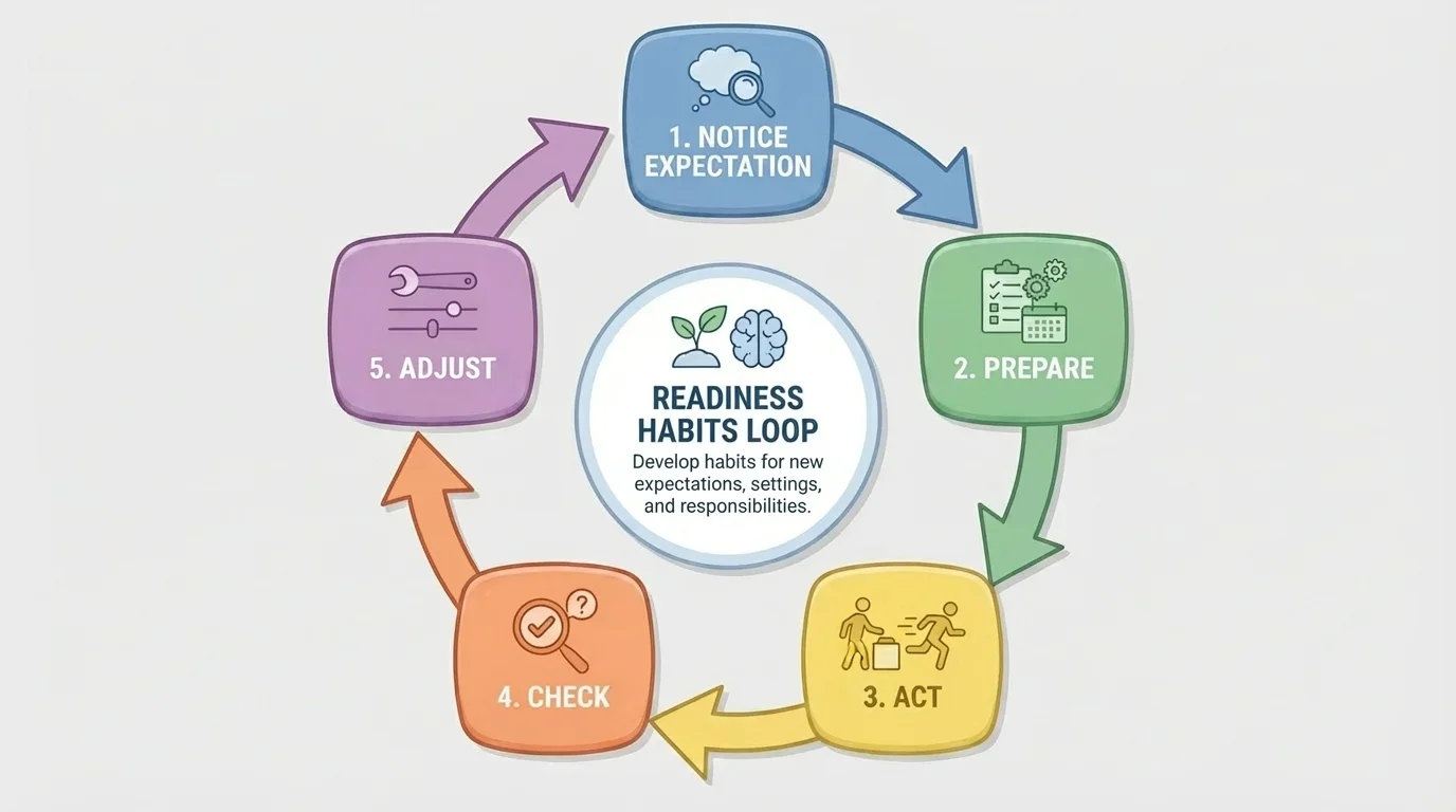 loop showing five readiness steps with arrows: Notice expectation, Prepare, Act, Check, Adjust