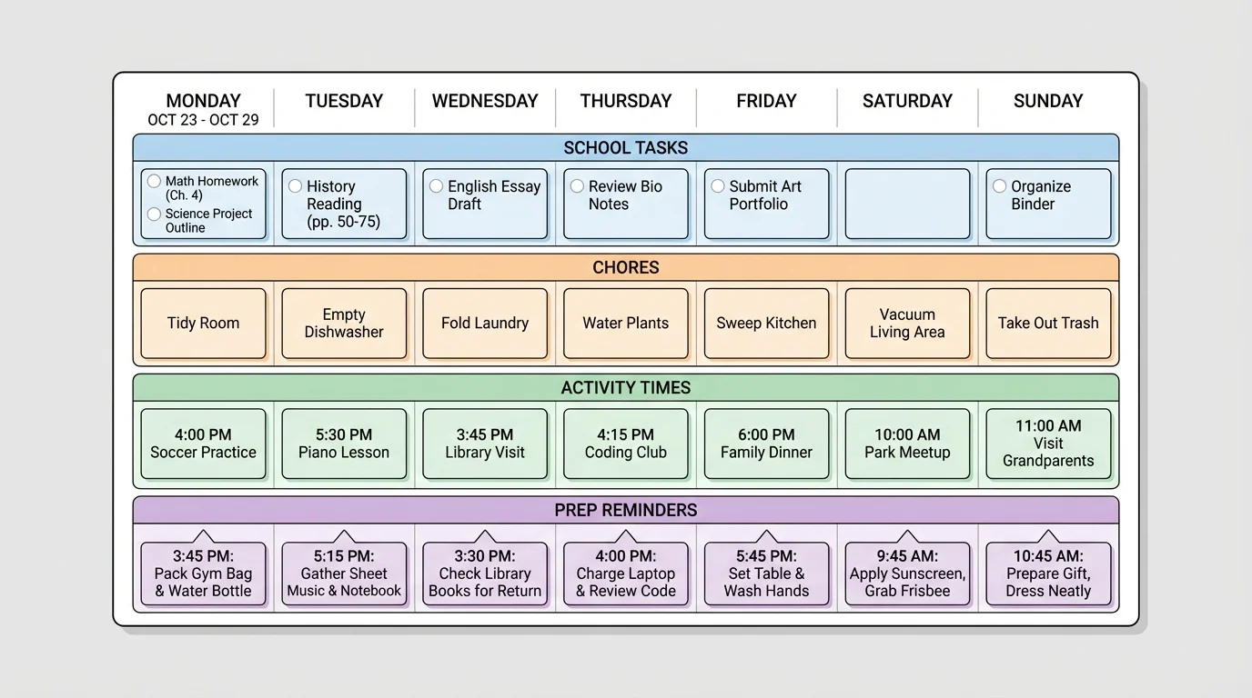 weekly planner page with boxes for days, school tasks, chores, activity times, and short prep reminders before each event