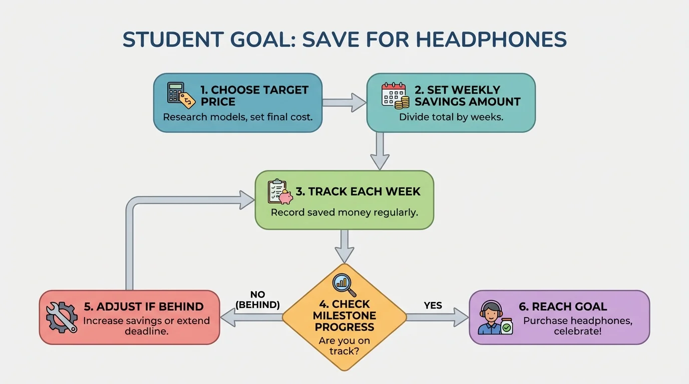 Flowchart of a student goal "Save for headphones" broken into mini-steps: choose target price, set weekly savings amount, track each week, check milestone progress, adjust if behind, reach goal