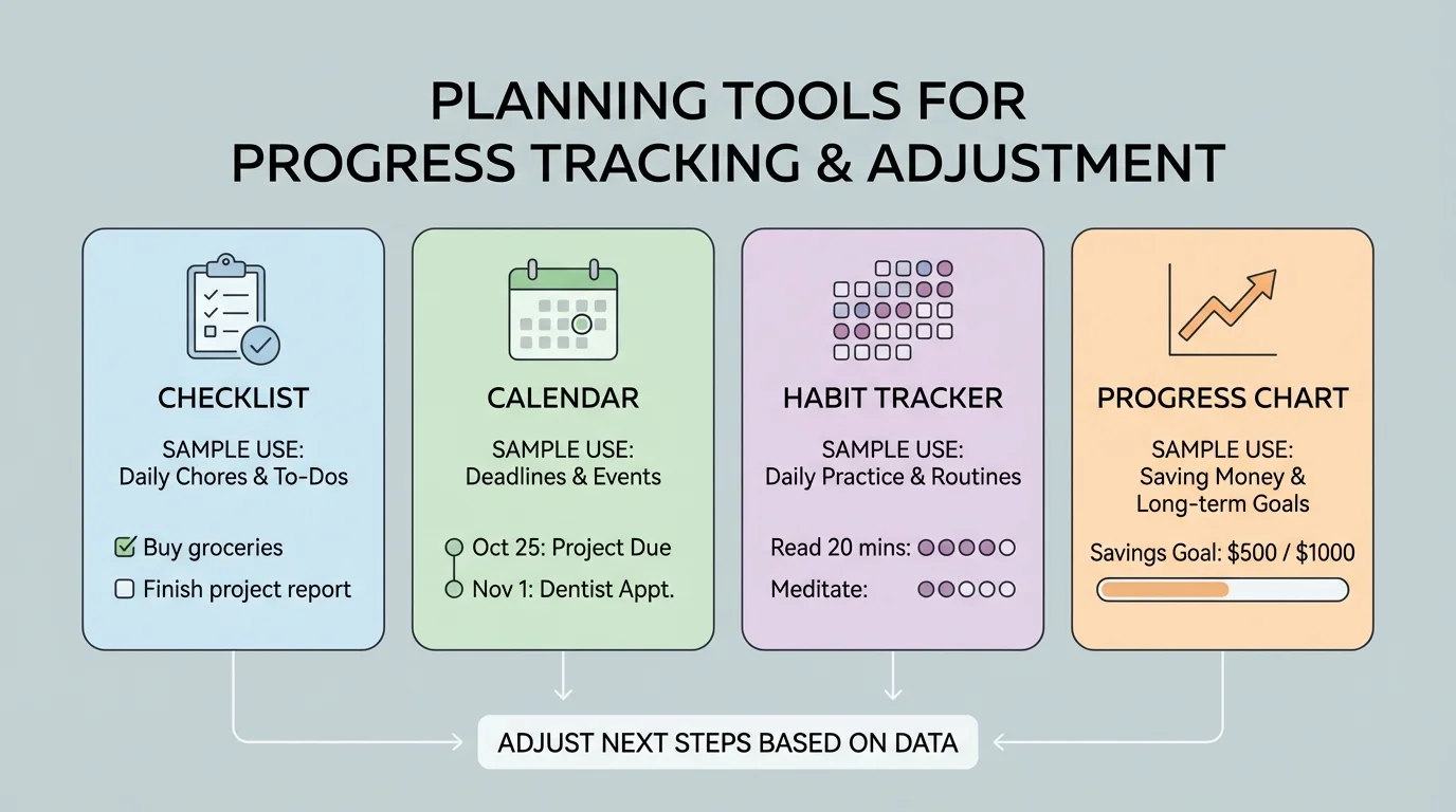 Comparison chart showing checklist, calendar, habit tracker, and progress chart, with simple icons and sample uses like chores, practice, saving money, and deadlines