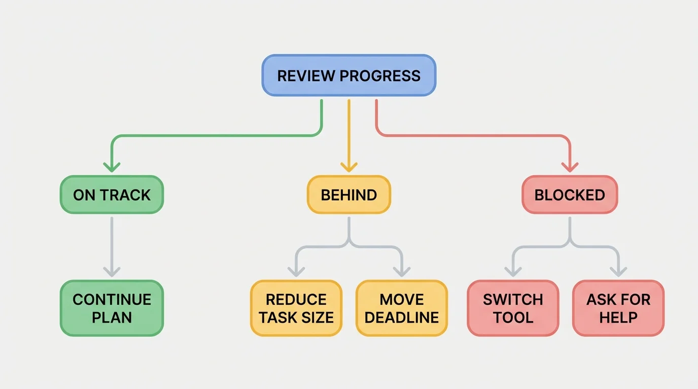 Decision tree for reviewing progress with branches labeled on track, behind, and blocked, leading to actions continue plan, reduce task size, move deadline, switch tool, or ask for help