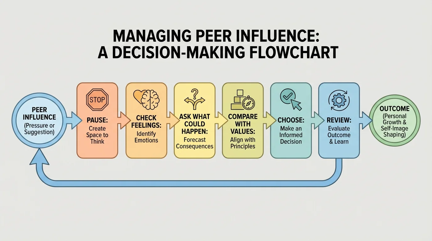 Flowchart with steps pause, check feelings, ask what could happen, compare with values, choose, and review