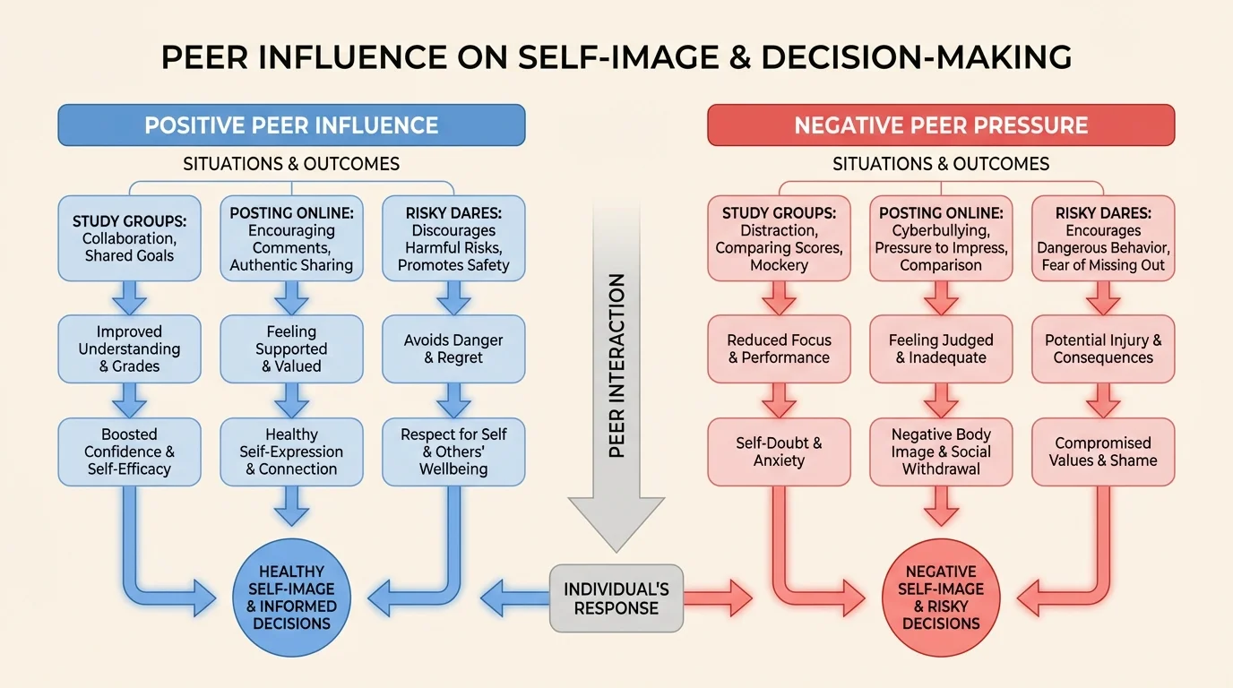 Flowchart comparing positive peer influence and negative peer pressure in situations like study groups, posting online, and risky dares