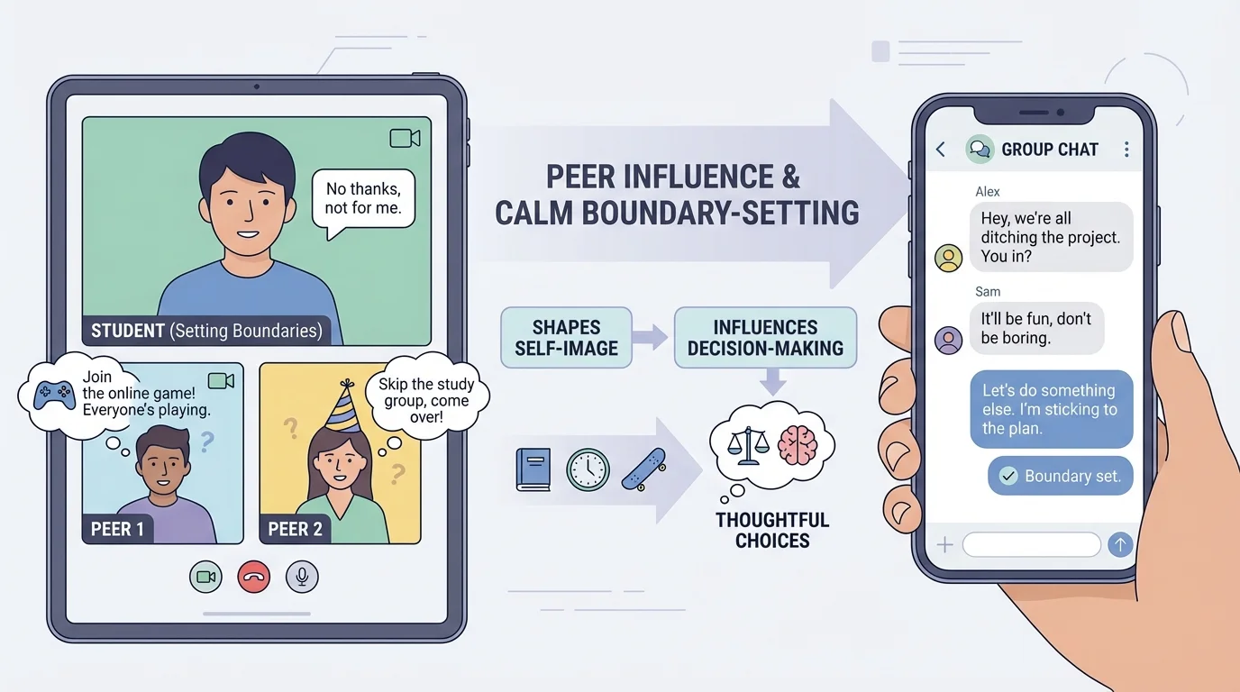 Illustration of a student on a video call and phone messages using calm boundary-setting responses such as no thanks, not for me, and let's do something else