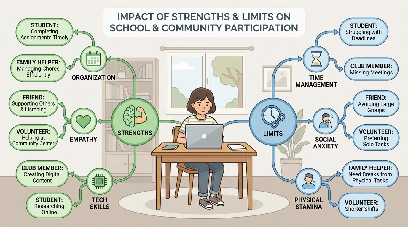 Illustration of a middle school student at home using a laptop, with surrounding labeled roles such as student, family helper, friend, club member, volunteer