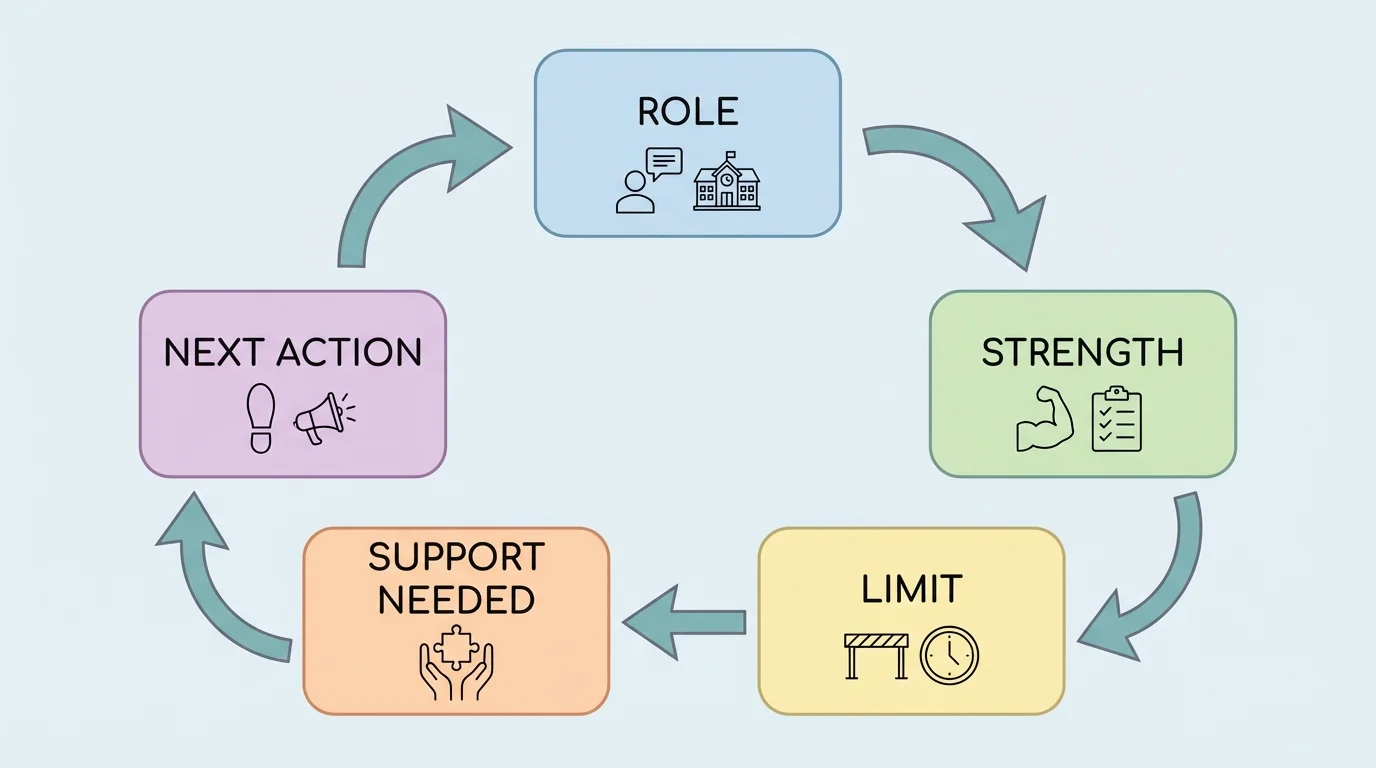 Flowchart showing five boxes labeled role, strength, limit, support needed, next action, connected in a loop