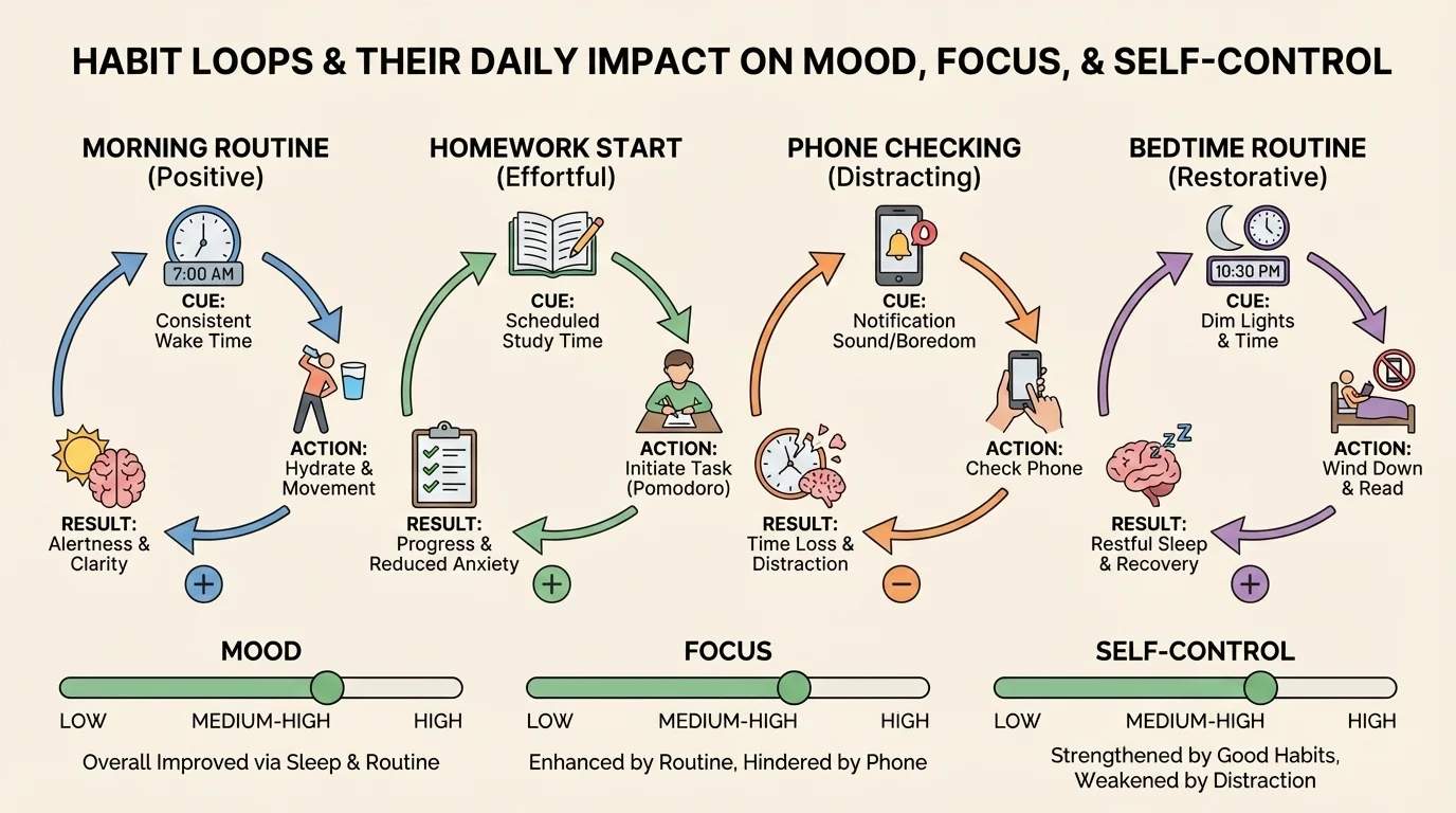 A student's habit loops showing cue, action, and result for morning routine, homework start, phone checking, and bedtime routine