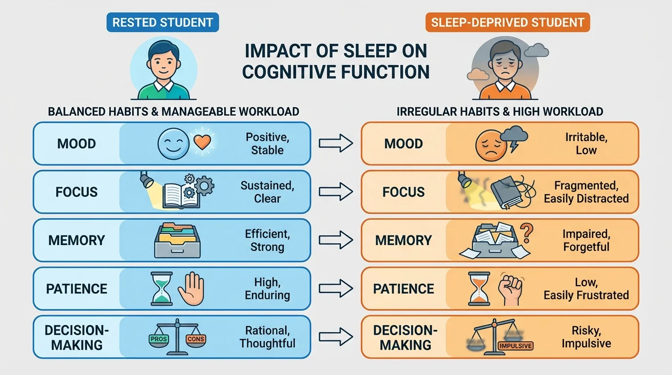 Side-by-side comparison of a rested student and a sleep-deprived student in mood, focus, memory, patience, and decision-making