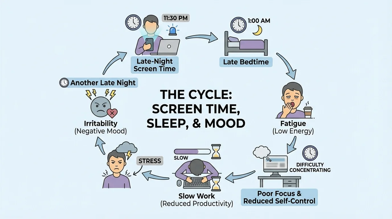 Late-night screen time leading to late bedtime, fatigue, poor focus, slow work, stress, irritability, and another late night