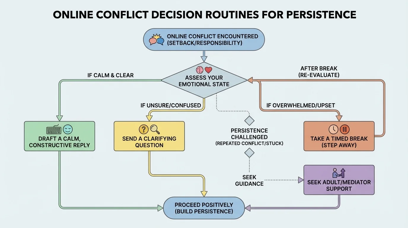 Flowchart for online conflict decisions with branches for calm reply, clarifying question, break, or adult support