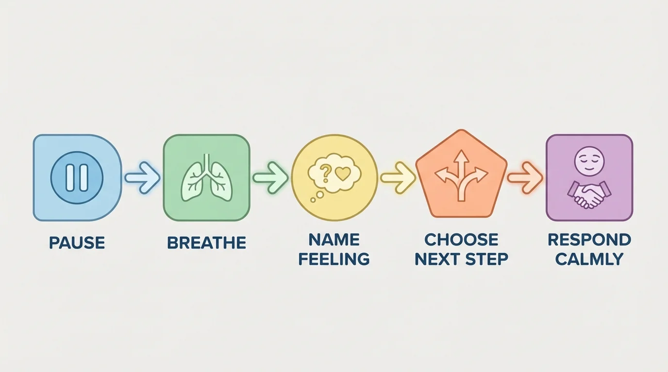 Flowchart showing pause, breathe, name feeling, choose next step, respond calmly