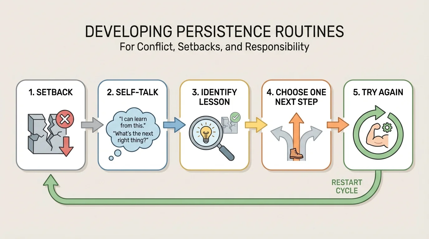 Diagram showing setback, self-talk, identify lesson, choose one next step, try again