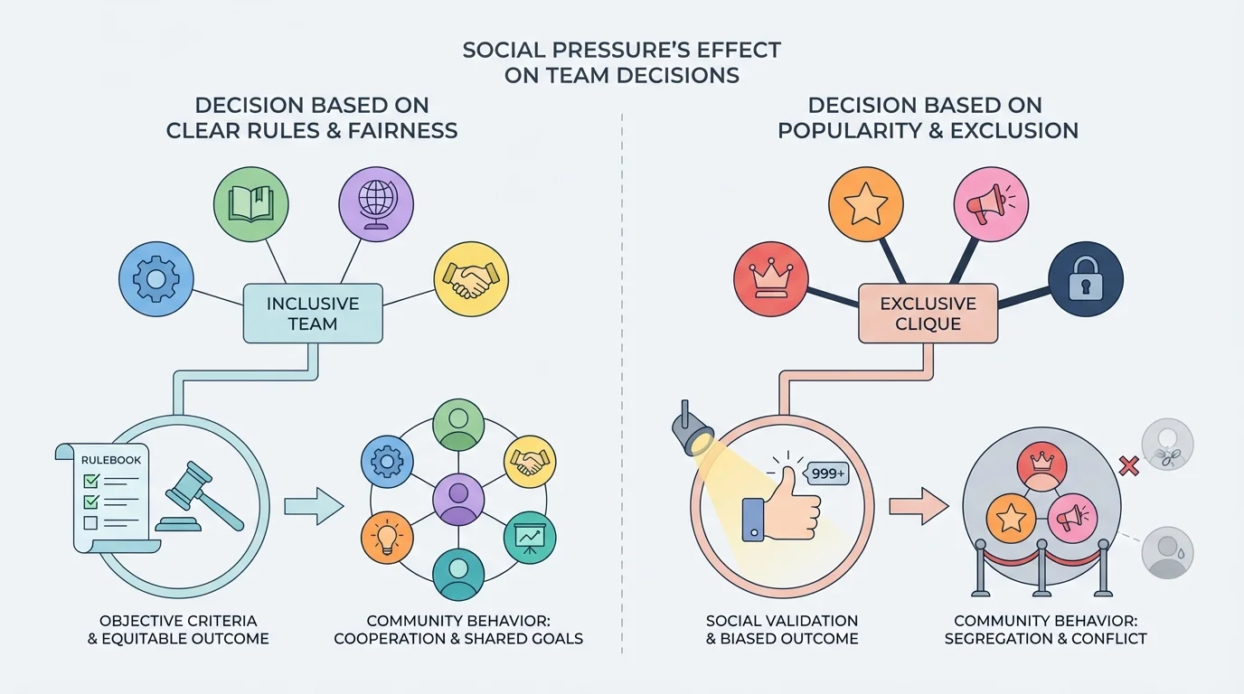 comparison illustration of two online team decisions, one based on clear rules and one based on popularity and exclusion