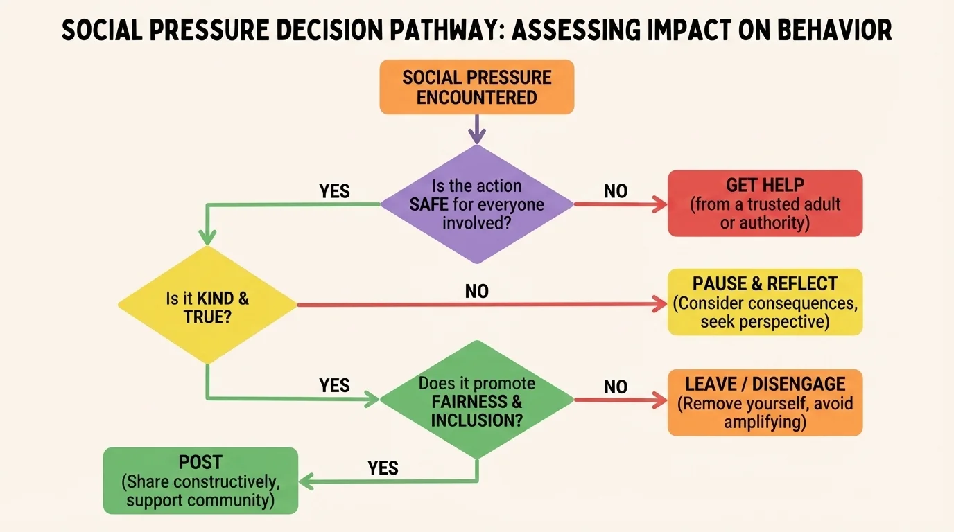 decision tree with questions about safety, kindness, truth, fairness, and whether to post, pause, leave, or get help