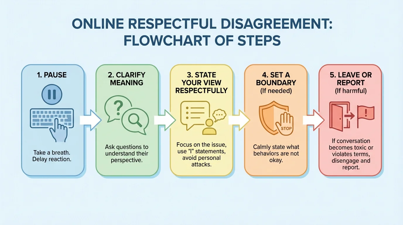 Flowchart of respectful disagreement steps in an online conversation: pause, clarify meaning, state your view respectfully, set a boundary, leave or report if the conversation becomes harmful