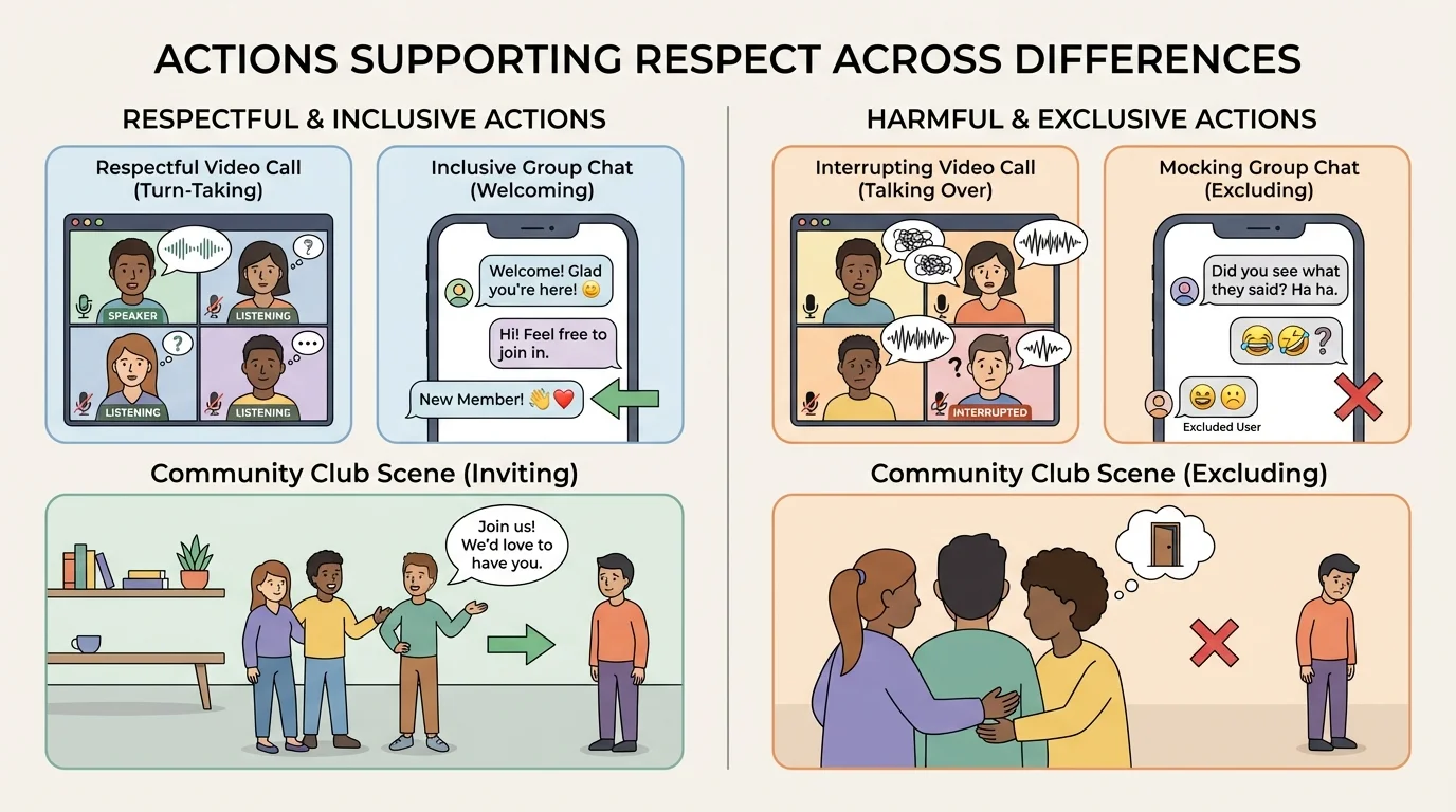 Illustration of three online and community interactions: a respectful video call with turn-taking, an inclusive group chat welcoming a new member, and a community club scene where one person is invited in; contrasted side-by-side with interrupting, mocking, and excluding