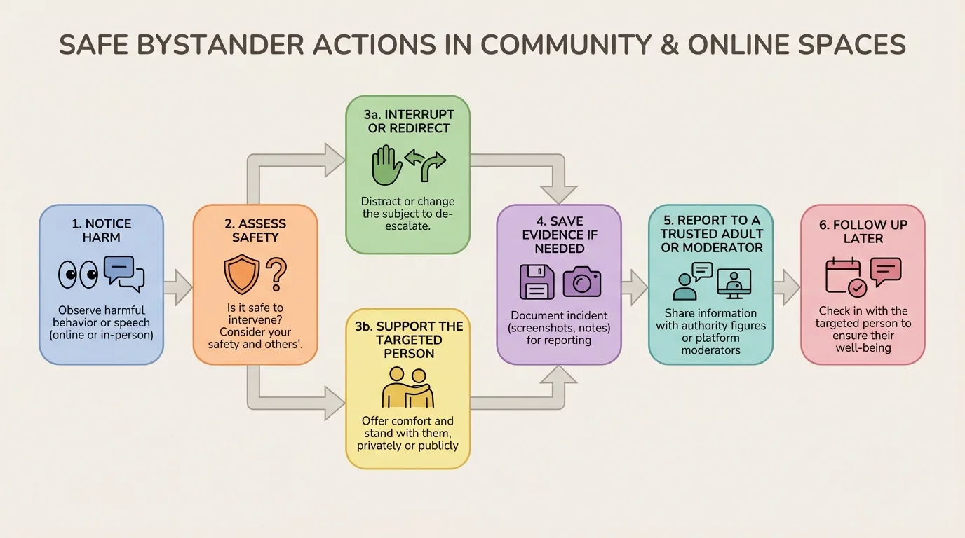 Flowchart of safe bystander actions in online and community spaces: notice harm, assess safety, interrupt or redirect, support the targeted person, save evidence if needed, report to a trusted adult or moderator, follow up later
