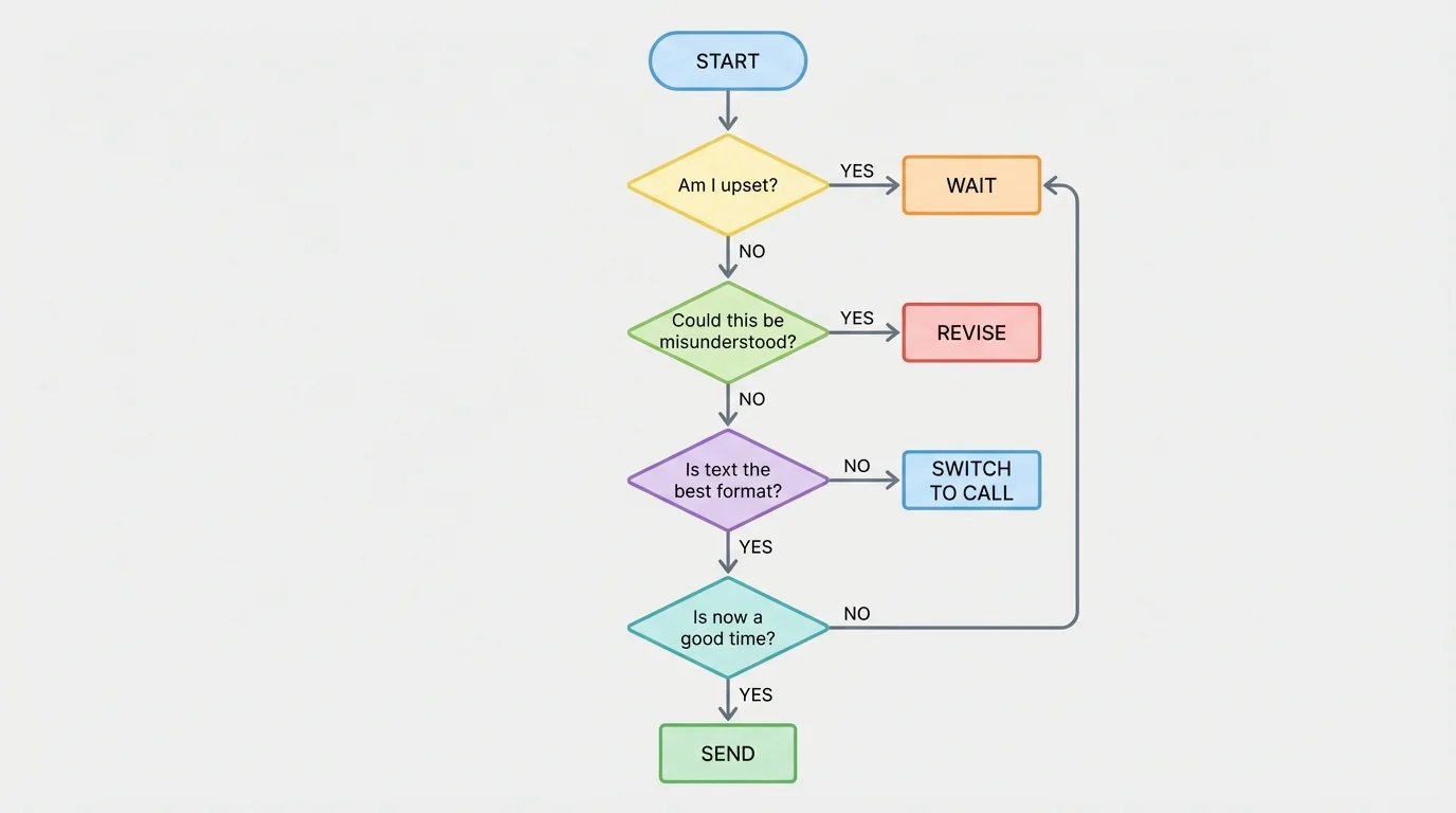 Flowchart asking "Am I upset?", "Could this be misunderstood?", "Is text the best format?", and "Is now a good time?" leading to Send, Revise, Wait, or Switch to Call