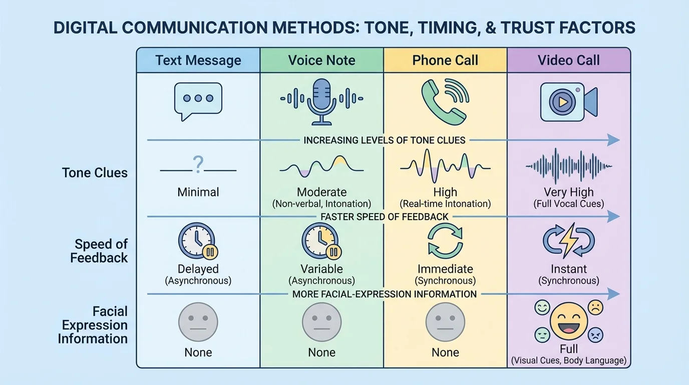 Comparison chart of text message, voice note, phone call, and video call showing increasing levels of tone clues, speed of feedback, and facial-expression information