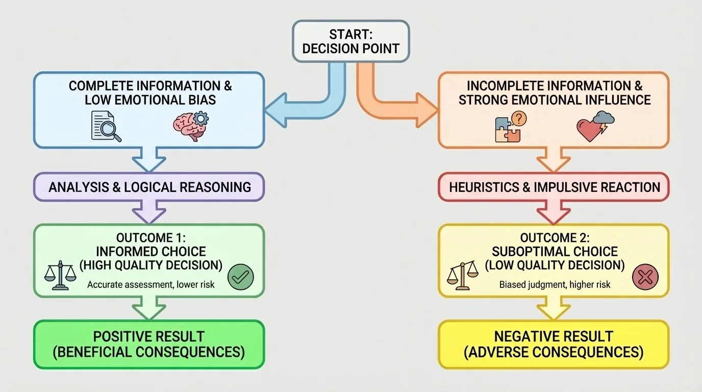 flowchart comparing a choice made with enough information versus a choice made with missing information, showing possible outcomes