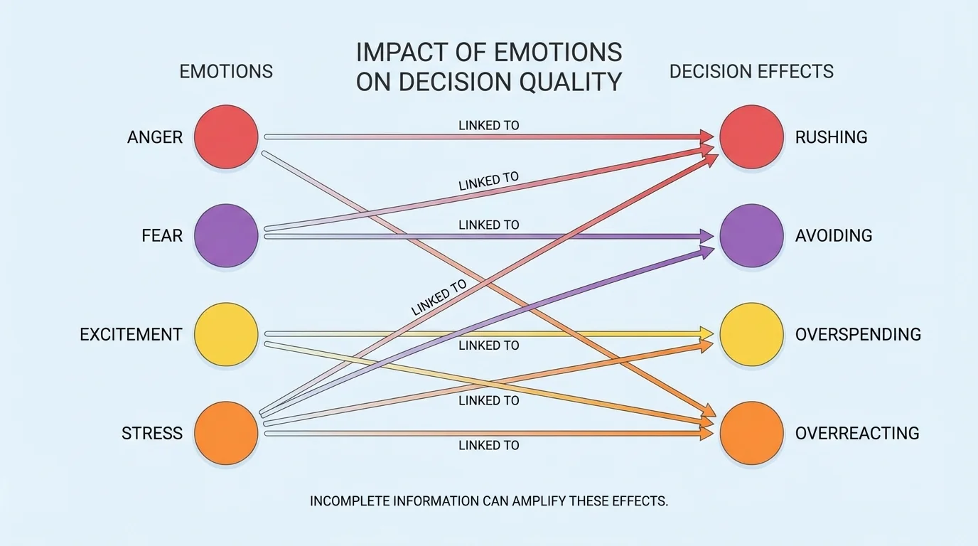 chart showing emotions such as anger, fear, excitement, and stress linked to typical decision effects like rushing, avoiding, overspending, or overreacting