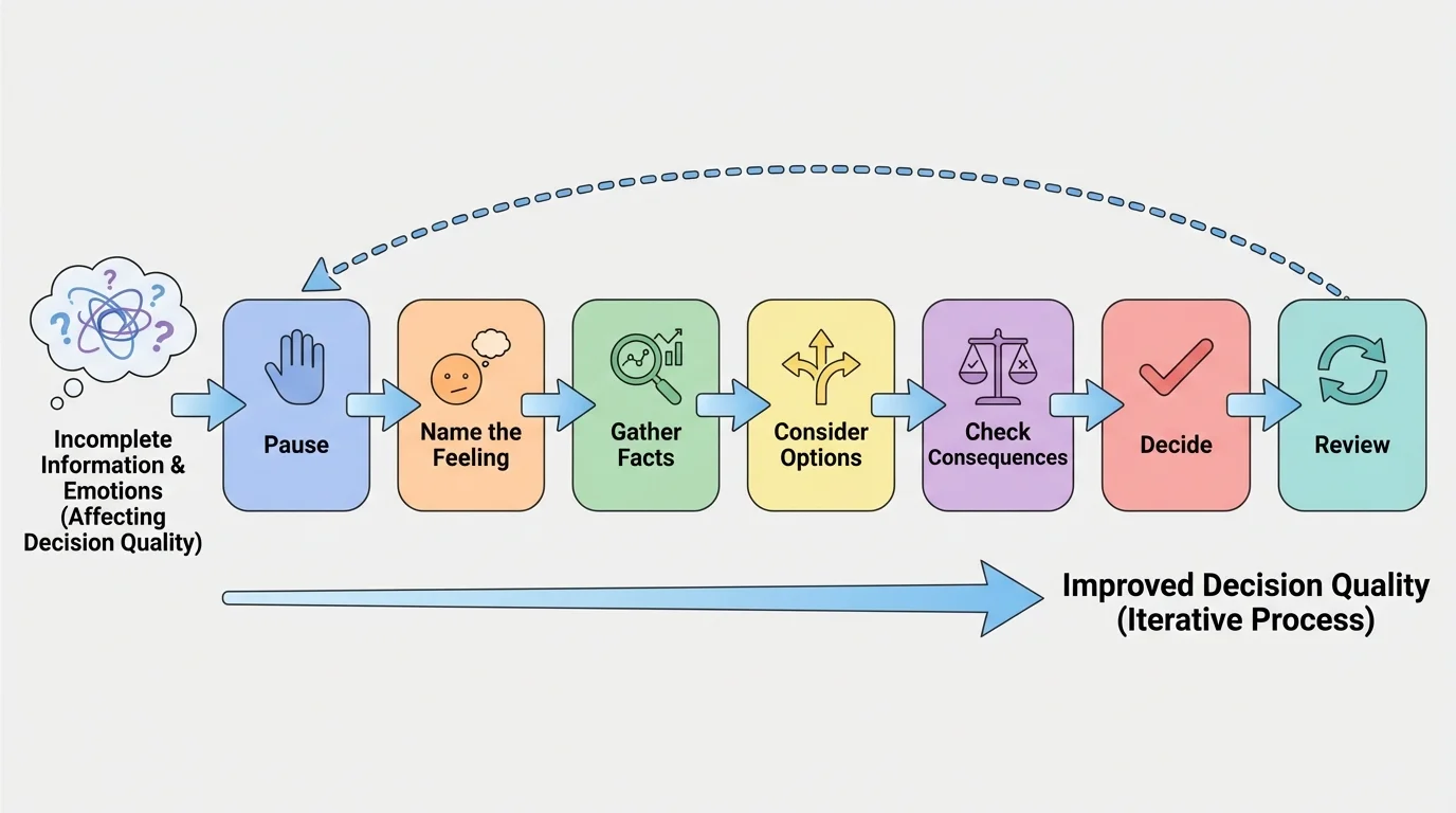 flowchart with steps pause, name the feeling, gather facts, consider options, check consequences, decide, review