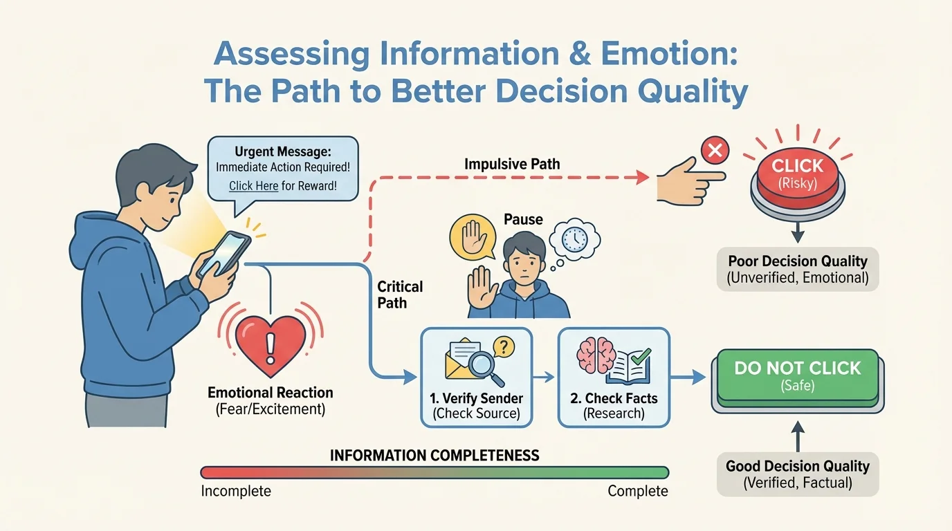illustration of a student receiving an urgent message with a link, pausing to verify sender, checking facts, and deciding not to click