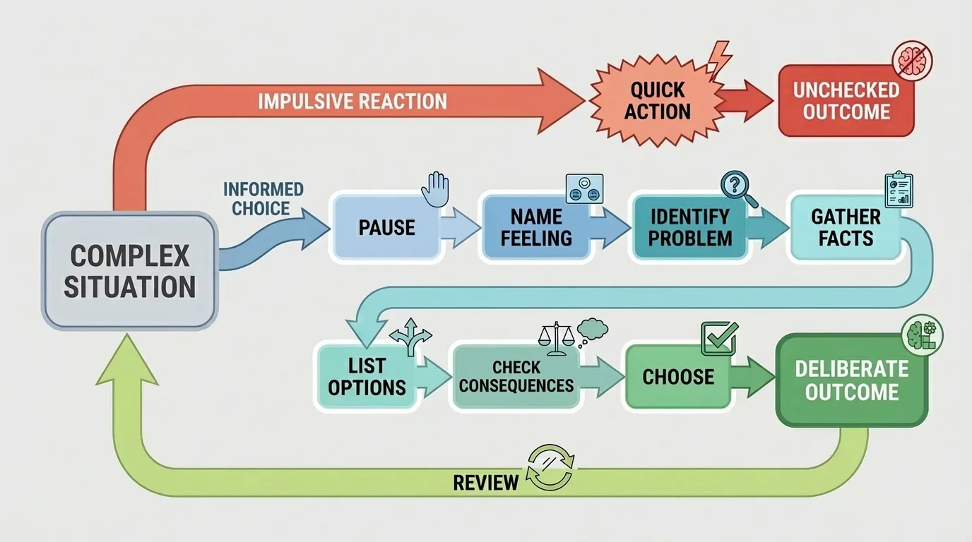 decision flowchart with boxes and arrows labeled pause, name feeling, identify problem, gather facts, list options, check consequences, choose, review