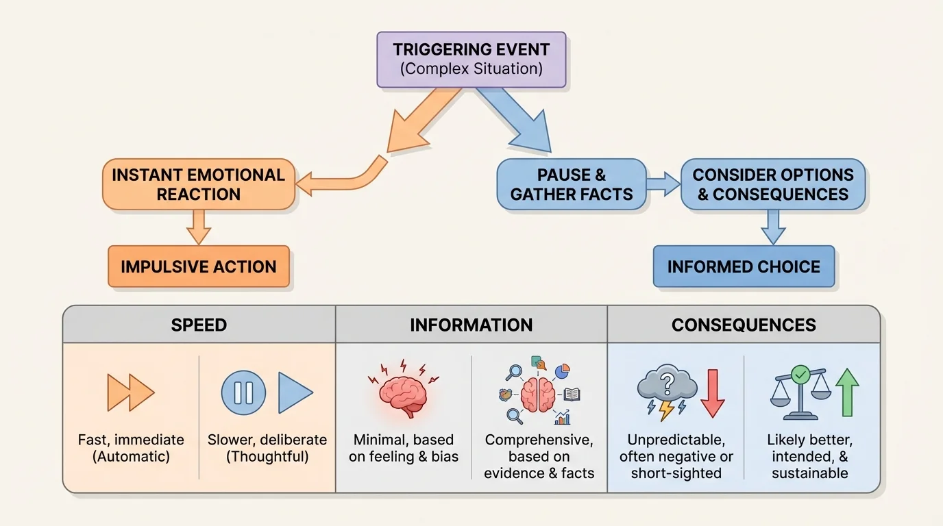 side-by-side comparison chart showing one triggering event splitting into two paths—instant emotional reaction and pause-gather facts-informed choice, with short labels for speed, information, and consequences