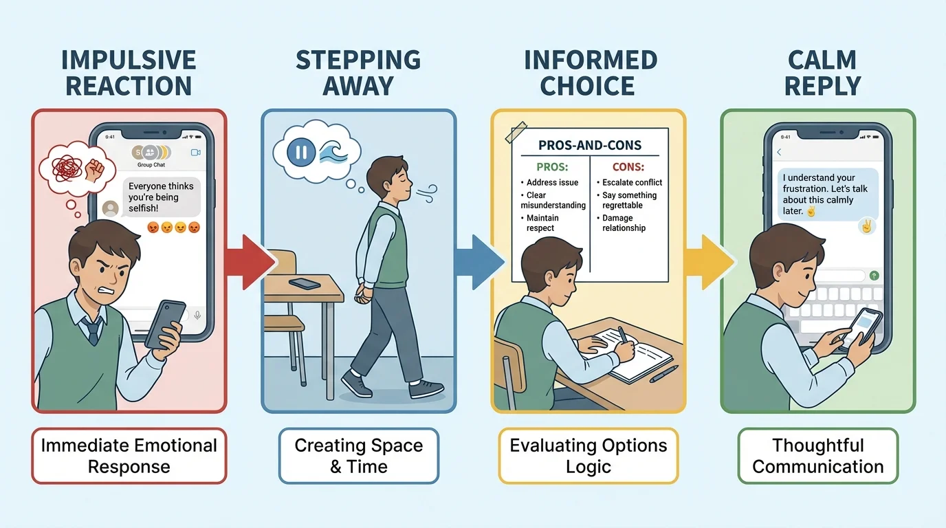 student looking at an upsetting group chat message, stepping away from the device, writing a short pros-and-cons note, then sending a calm reply