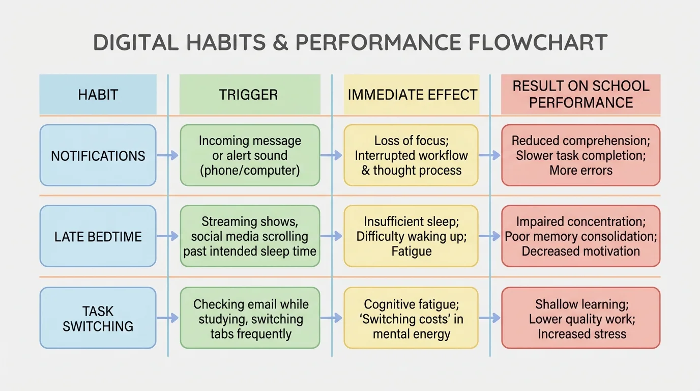 Chart with columns for habit, trigger, immediate effect, and result on school performance, filled with examples like notifications, late bedtime, and task switching