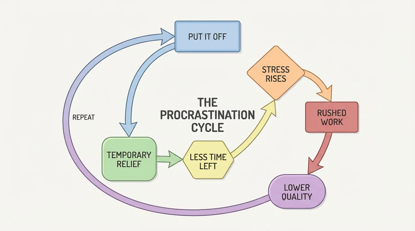 Flowchart of procrastination cycle with steps labeled put it off, temporary relief, less time left, stress rises, rushed work, lower quality, repeat