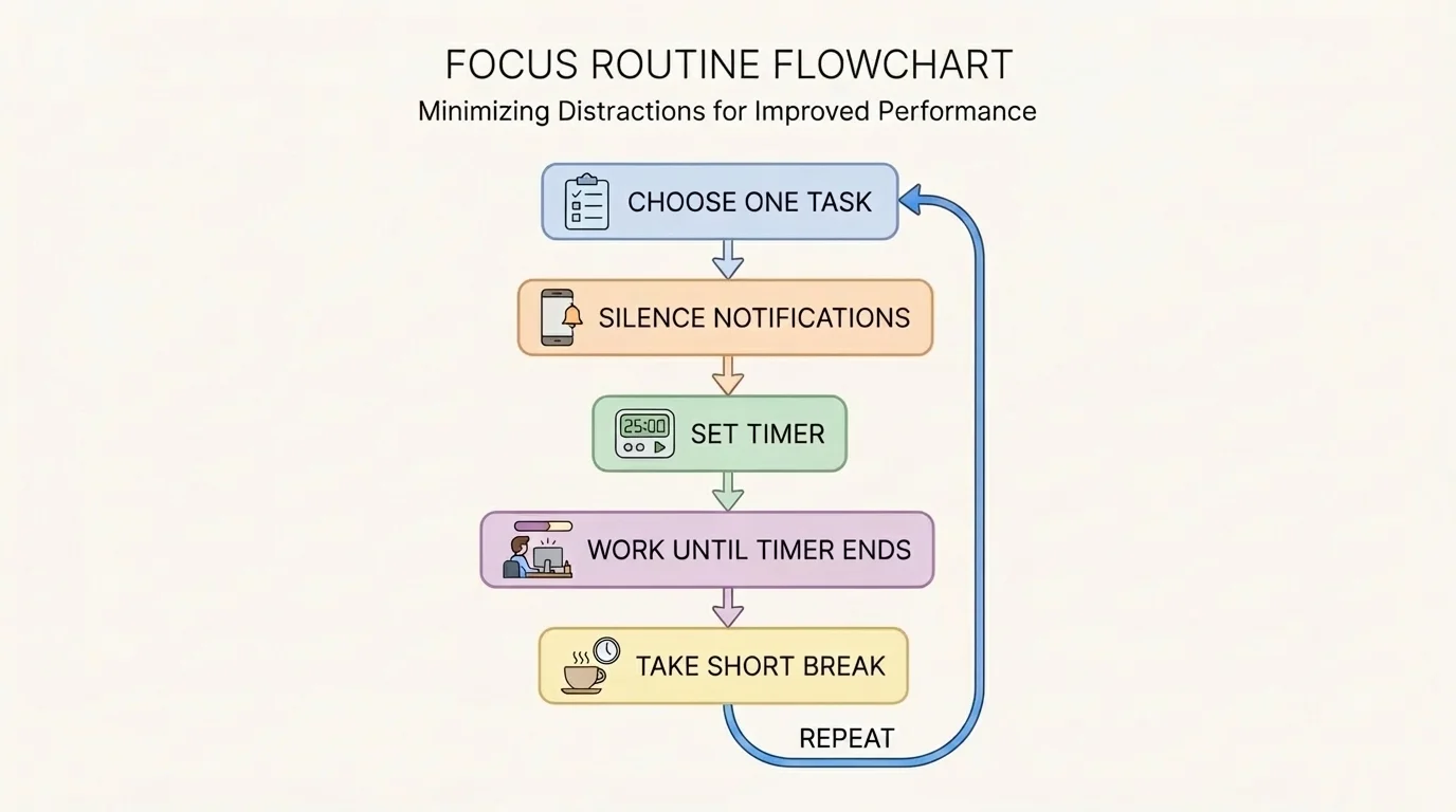 Flowchart of a focus routine: choose one task, silence notifications, set timer, work until timer ends, take short break, repeat