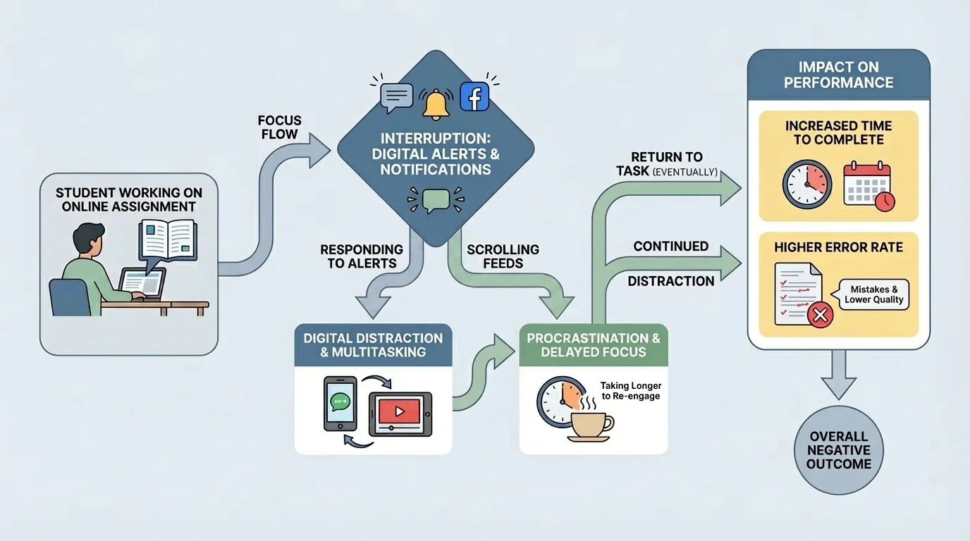 Flowchart showing a student working on an online assignment, interrupted by message alerts, switching apps, and taking longer to finish with more mistakes