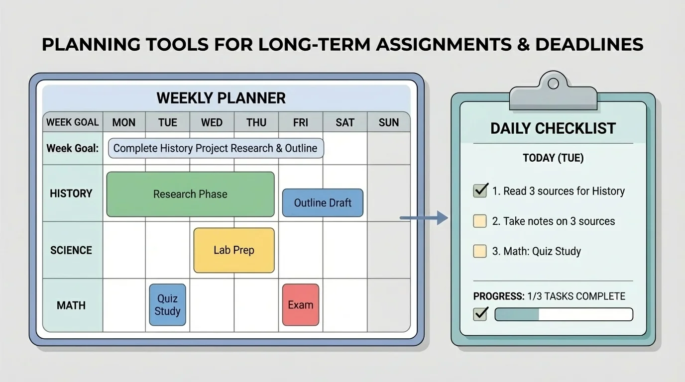 side-by-side weekly planner and daily checklist showing a week goal broken into three tasks for today