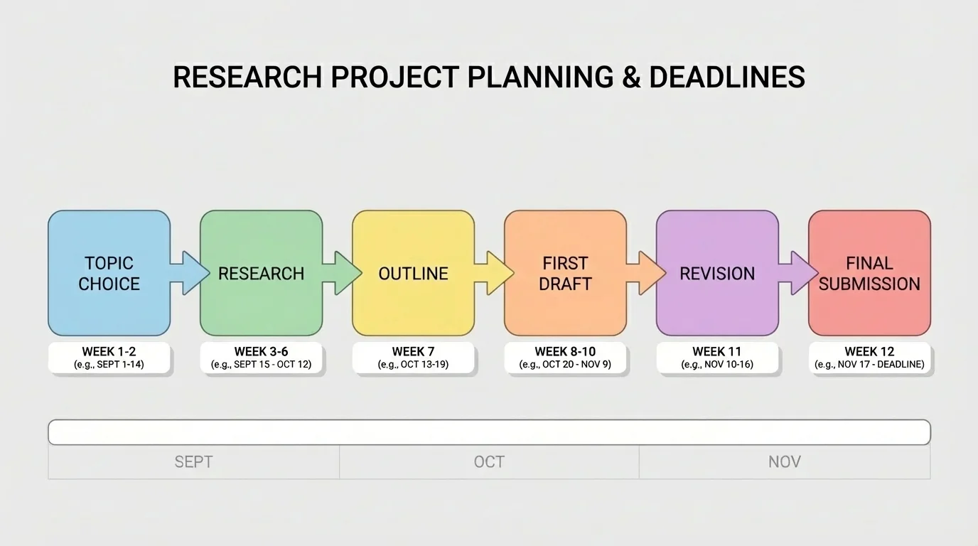 flowchart of a research project broken into topic choice, research, outline, first draft, revision, and final submission with simple date labels